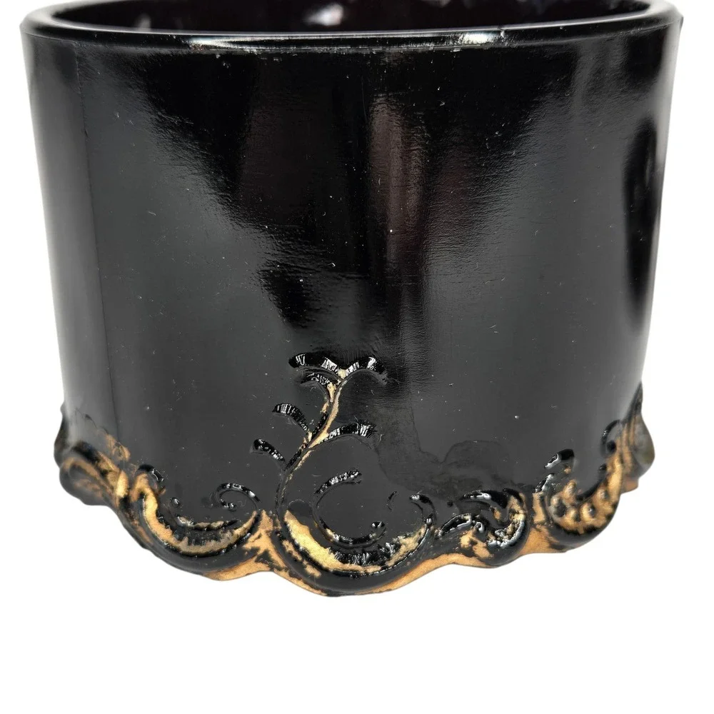 Antique Victorian Black Glass Vanity Powder Lidded Jar With Gold Trim Cottage